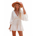 V-Neck Lace White Short-Sleeved Mini Dress