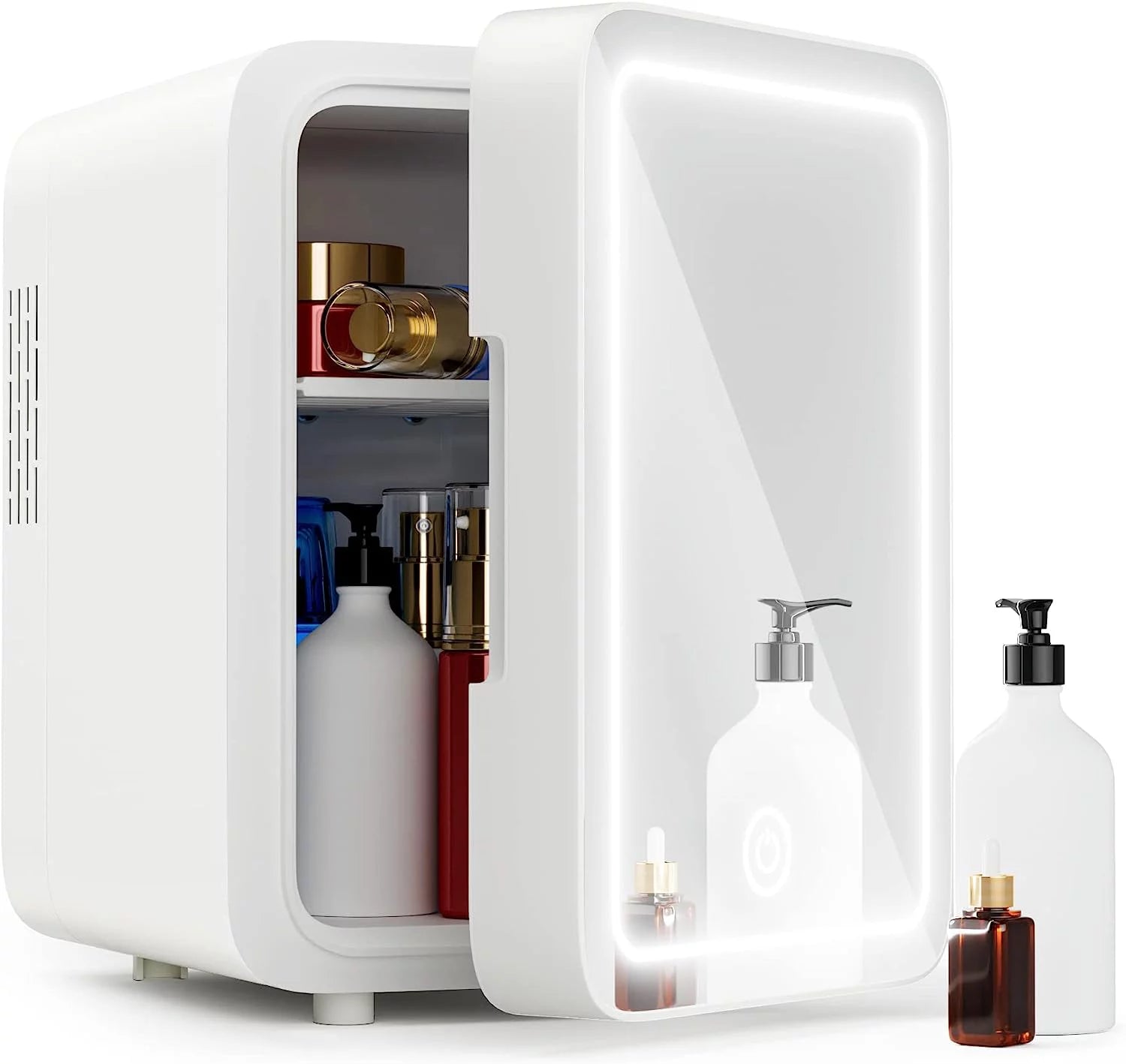 DIQIN 1 - Mini Fridge with Dimmable LED Mirror (4 Liter/6 Can), Cooler and Warmer, for Refrigerating Makeup, Skincare and Food, Mini Fridge for Bedroom, Office and Car