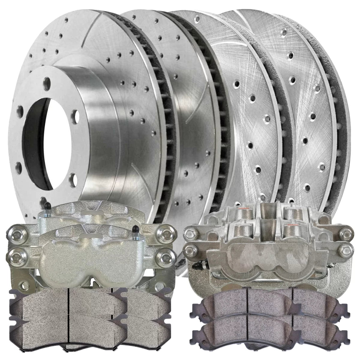 AutoShack Front and Rear Brake Calipers Performance Ceramic Pads Drilled Slotted Rotors Silver Kit Replacement for GMC Sierra 1500 Yukon XL 1500 Chevrolet Suburban 1500 Tahoe Cadillac Escalade EXT 4WD