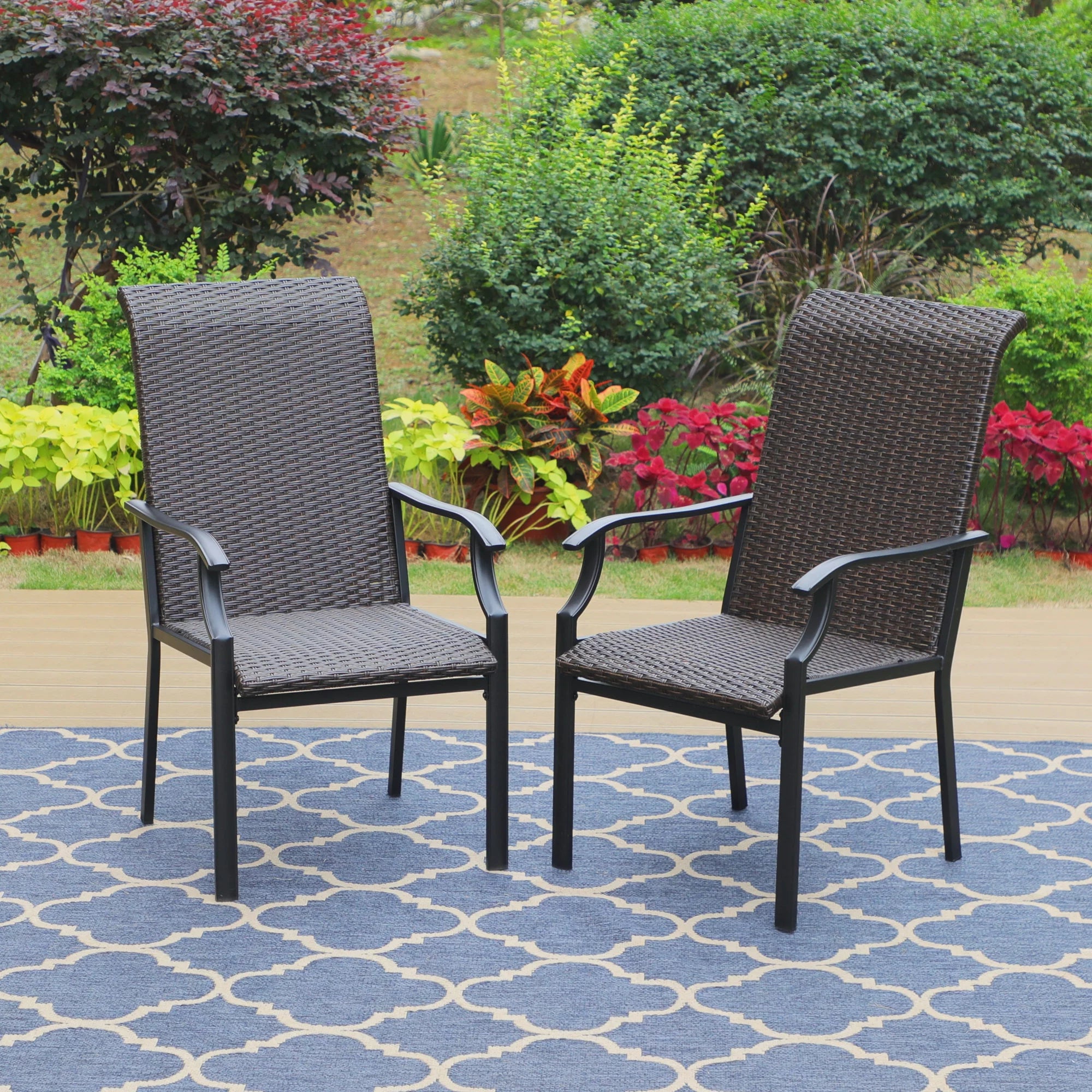 MF Studio 2 Pieces Outdoor Patio High-Back Wicker Dining Chairs, Dark Brown Rattan & Black Metal Steel Frame