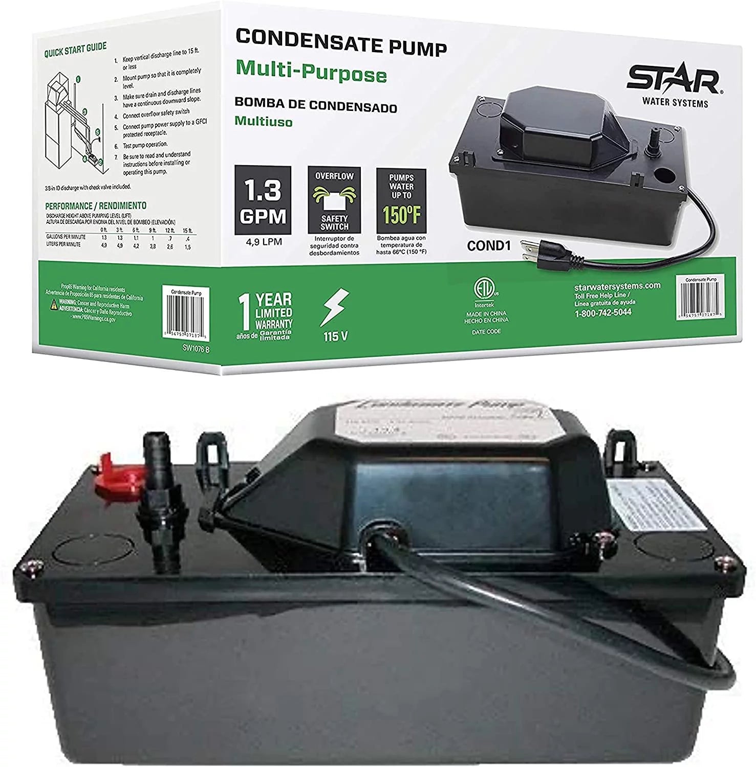 Star COND1 1/6 HP Automatic Condensate Removal Pump with Safety Switch Low Profile Multi-Purpose for HVAC, Dehumidifier, Furnace, Air Conditioner Condensation, 78 GPH