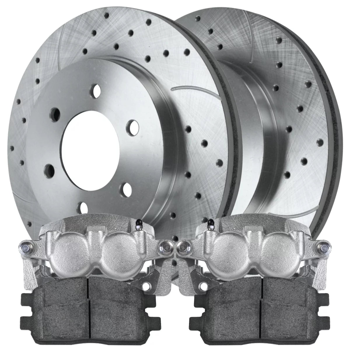 AutoShack Front Brake Calipers Performance Ceramic Pads Drilled Slotted Rotors Silver Kit Driver and Passenger Side Replacement for 2006-2008 Lincoln Mark LT 2005-2008 Ford F-150 5.4L 4WD SRBRPKG00009