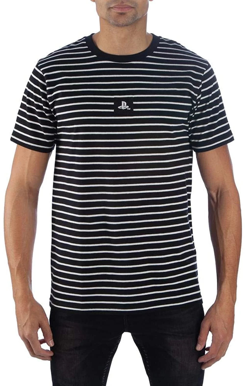 PlayStation Men's Embroiled Logo Striped Adult Short Sleeve T-Shirt
