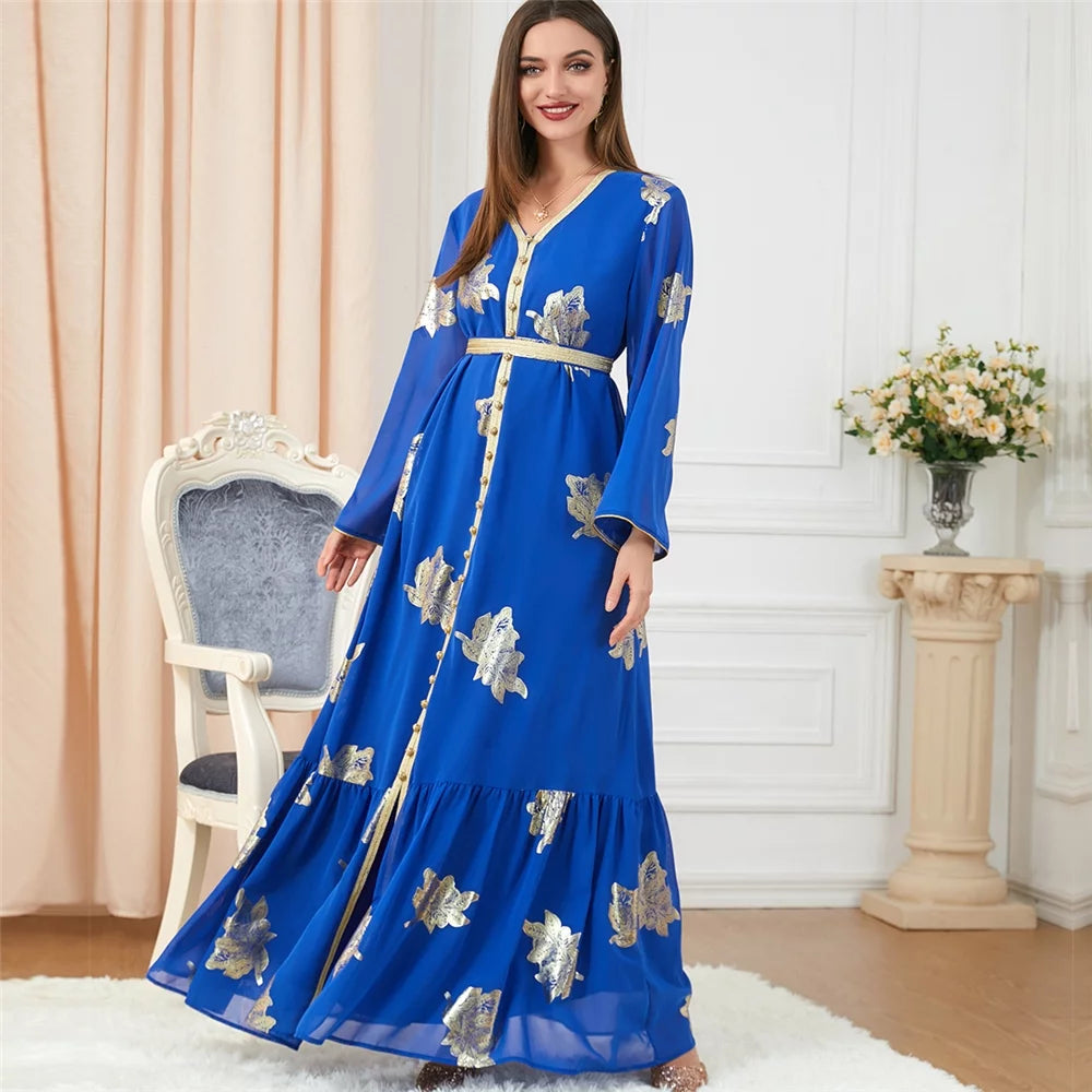 Long Sleeves V-Neck Belted Split Hem Muslim Abaya Dress