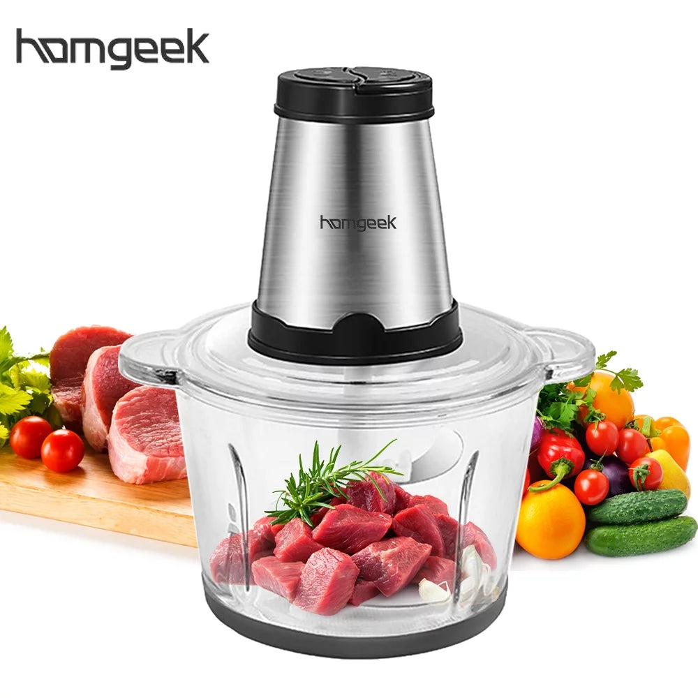 Electric Meat Grinder Homgeek 2L Large Household Capacity Stainless Steel 2 Gears 250W High Power Kitchen Cooker Blender