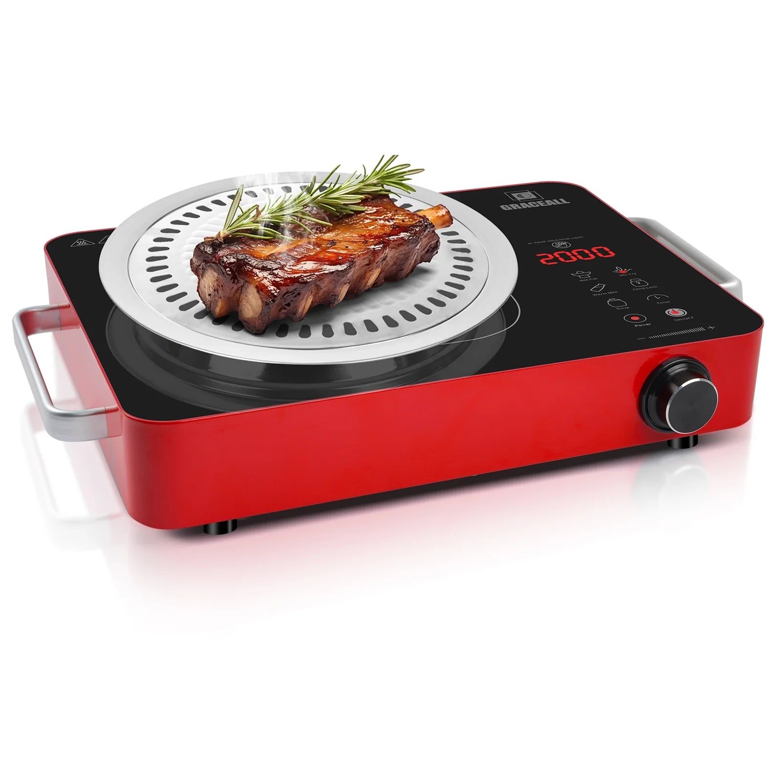 GRACEALL 2000W Electric Cooktop Portable Infrared Stove, Countertop Hot Plate for Cooking, Single Burner Cook Top, Kitchen Knob Control Stove, Unibody Design with BBQ Plate