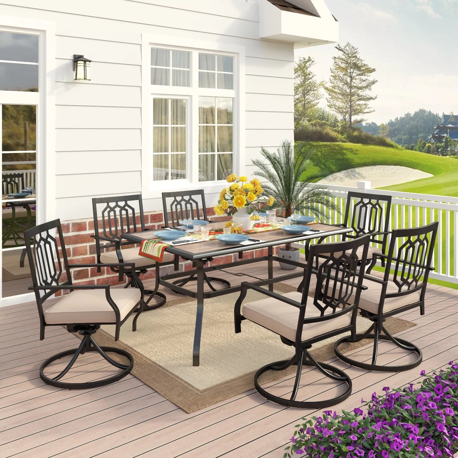 MF Studio 7 Piece Outdoor Patio Dining Set with Swivel Cushion Padded Chairs& Large Rectangular Table with Wood-look Top, 6 Seats for Dinner&Party, Beige Cushion