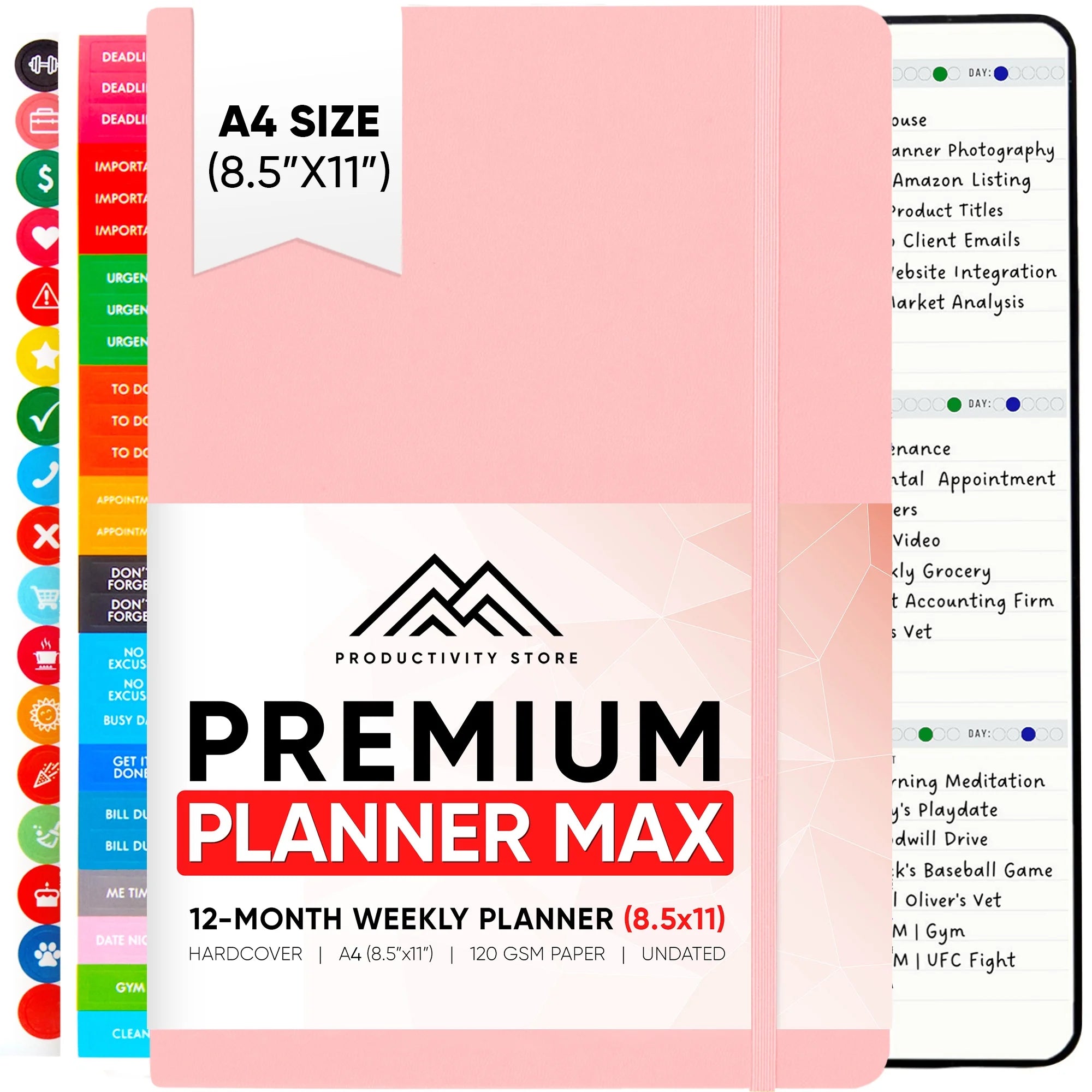 Productivity Store 2024 Planner 8.5 x 11 Pro Max - Undated 12 Month Calendar 2024 Planner - Monthly Planner, Weekly Planner & Daily Planner 2024-2025 - Pink - A4