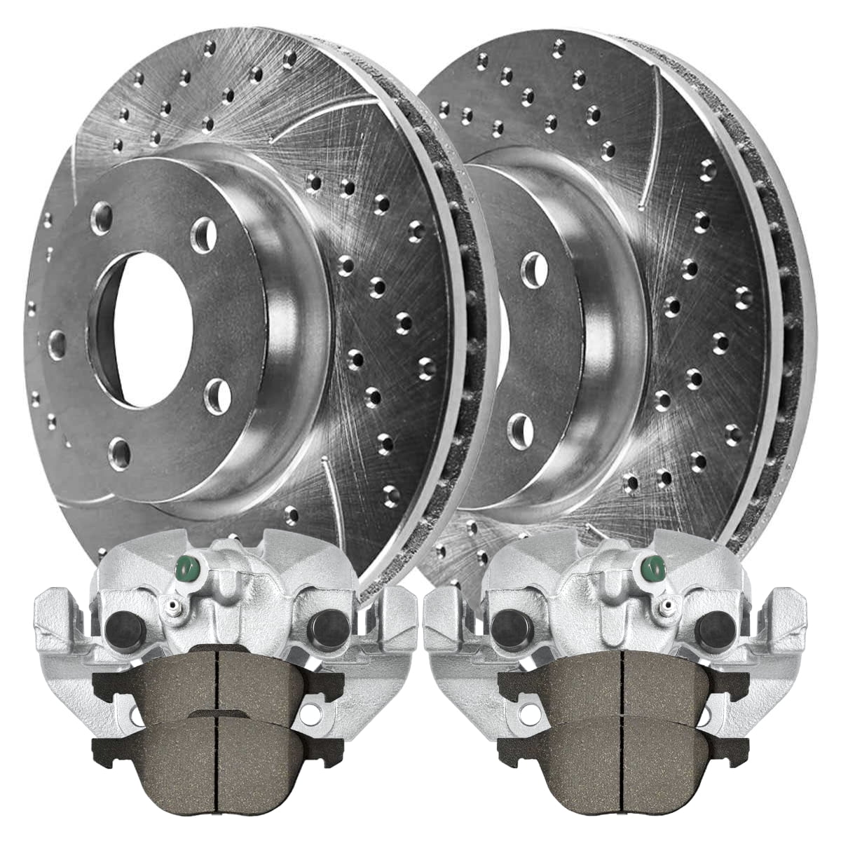 AutoShack Front Brake Calipers Performance Ceramic Pads Drilled Slotted Rotors Silver Kit Driver and Passenger Side Replacement for 2008-2013 Mazda 3 2010 2012 Mazda 3 Sport 2.0L FWD