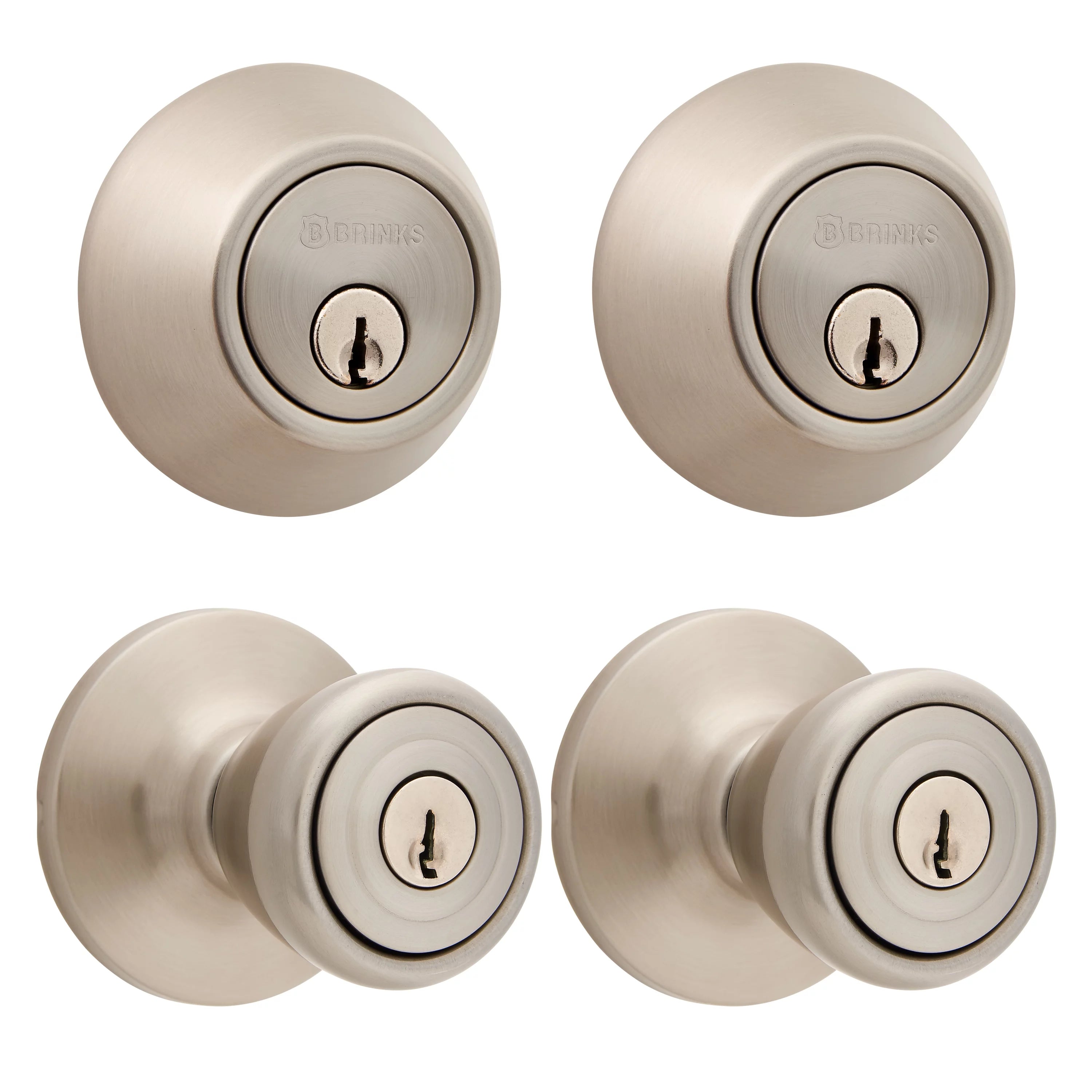 Brinks, Keyed Entry, Tulip Style Doorknob and Deadbolt Combo, Satin Nickel Finish, Twin Pack
