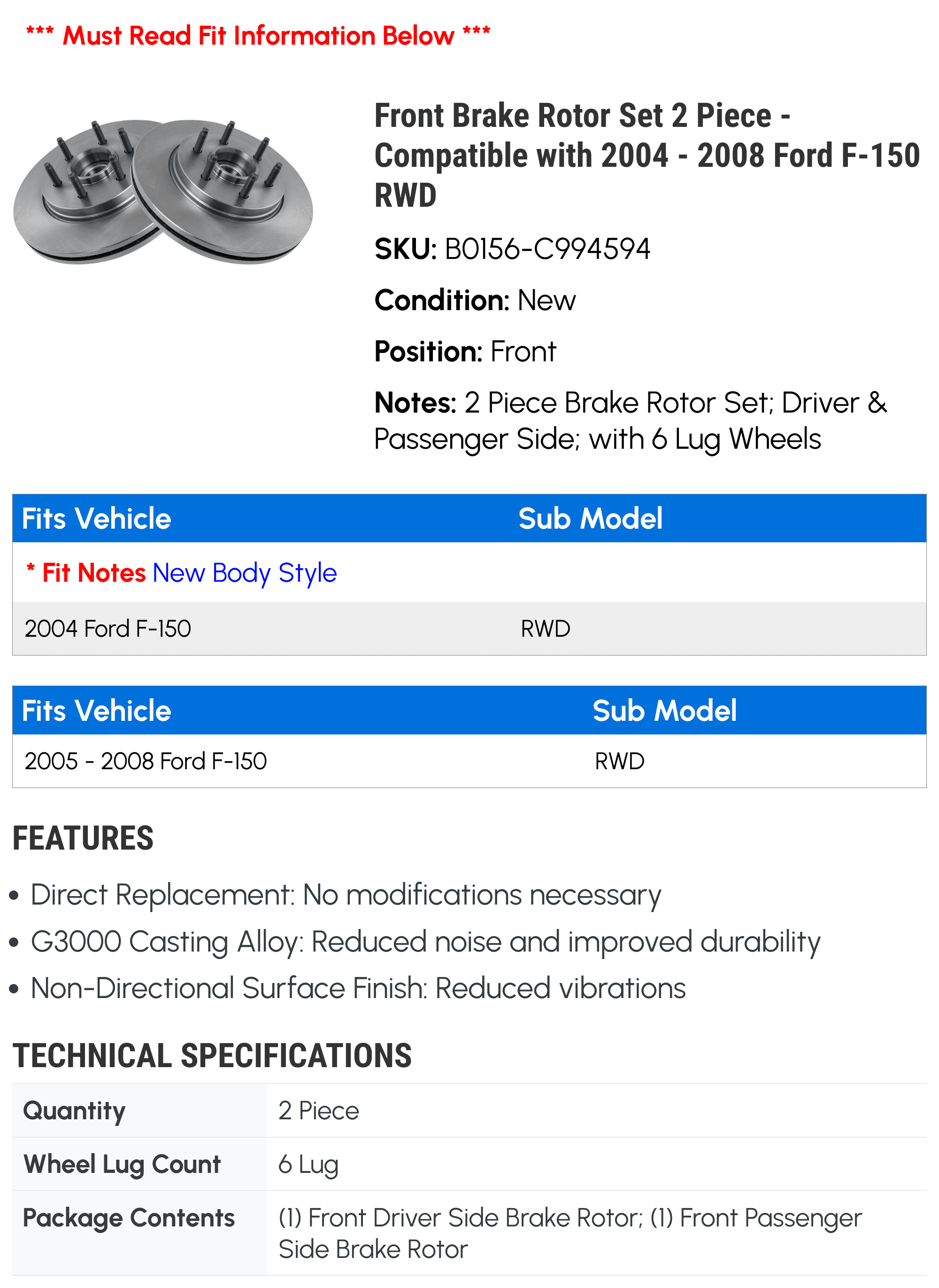 Front Brake Rotor Set 2 Piece - Compatible with 2004 - 2008 Ford F-150 RWD 2005 2006 2007