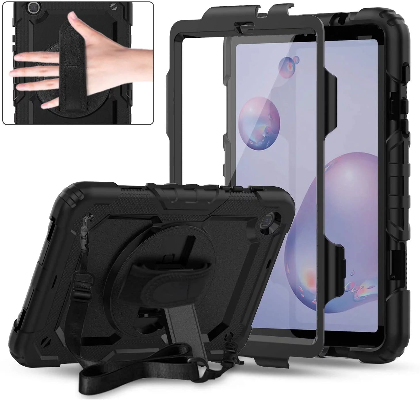 For Samsung Galaxy Tab A 8.4 2020 / T307 Shockproof Protective 360 Rotating Stand W. Strap Tablet Case Cover Black/Black