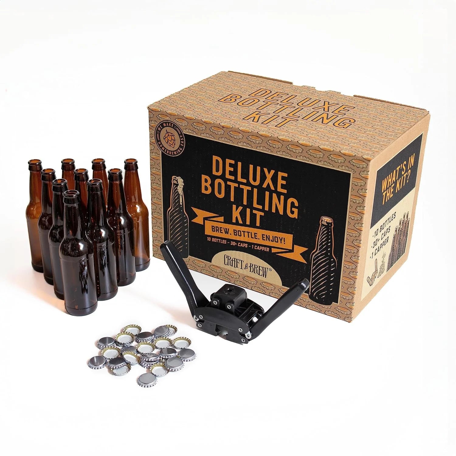Craft a Brew |  Deluxe Homebrew Bottling Kit | 30+ Caps | Easy Bottling Set with 10 Empty 12oz. |  Amber Glass Bottles | Capper | Essential Equipment for Fresh Beer Bottling