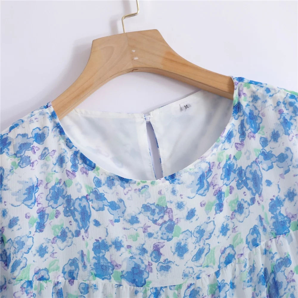 Floral Print Loose Round Neck Waist Shirt