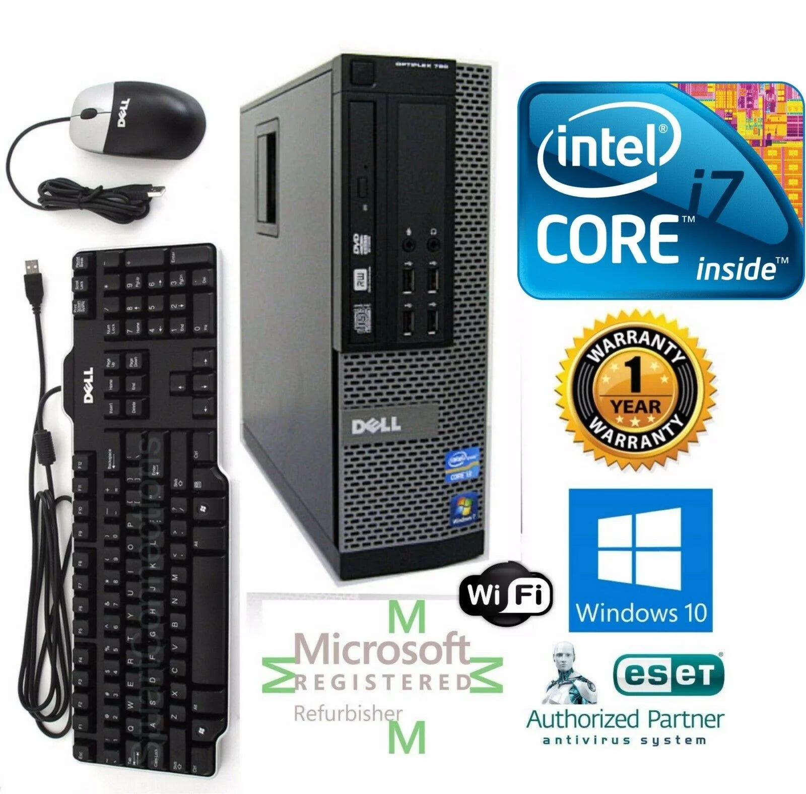 Dell 7010 COMPUTER SFF DESKTOP i7 32GB 1TB SSD Win 10 Wifi DVD-RW Dual-DVI W/ 24 Monitor- Used
