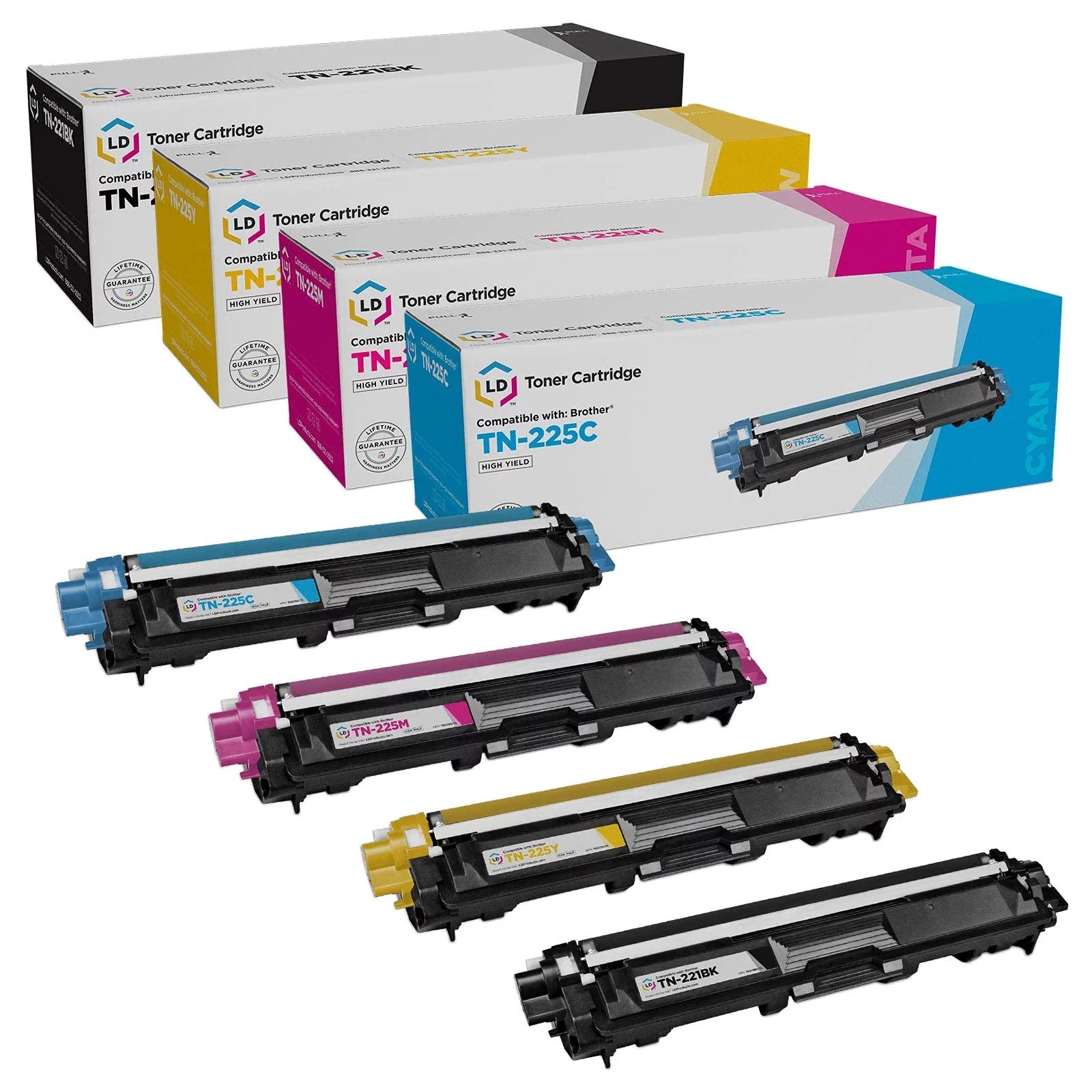 LD Compatible Toner Cartridge Replacements for Brother TN221 & TN225 High Yield (1 Black, 1 Cyan, 1 Magenta, 1 Yellow, 4-Pack)