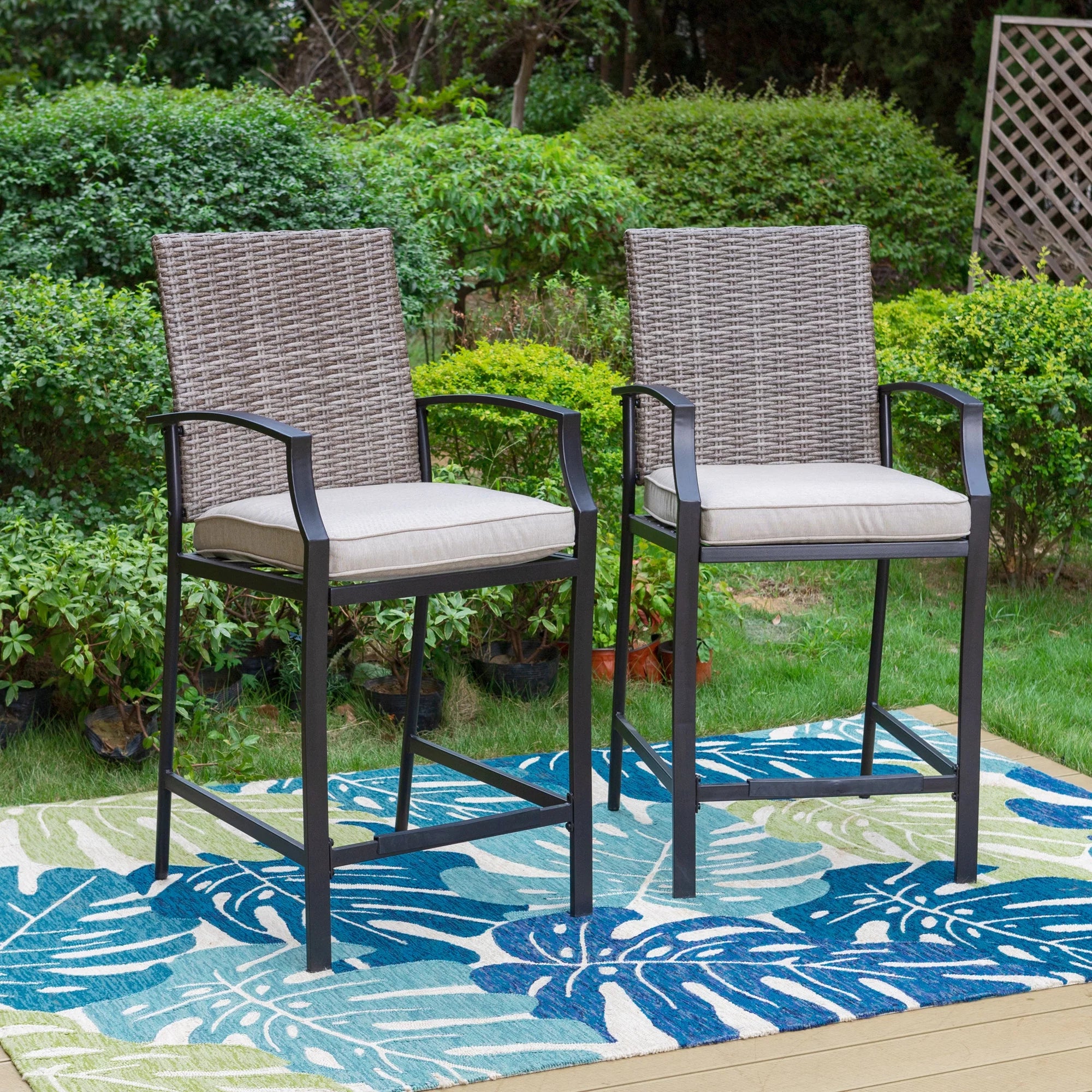MF Studio 2-Piece Outdoor Patio Rattan Bar Stools with Cushioned Seat, Light Gray & Black