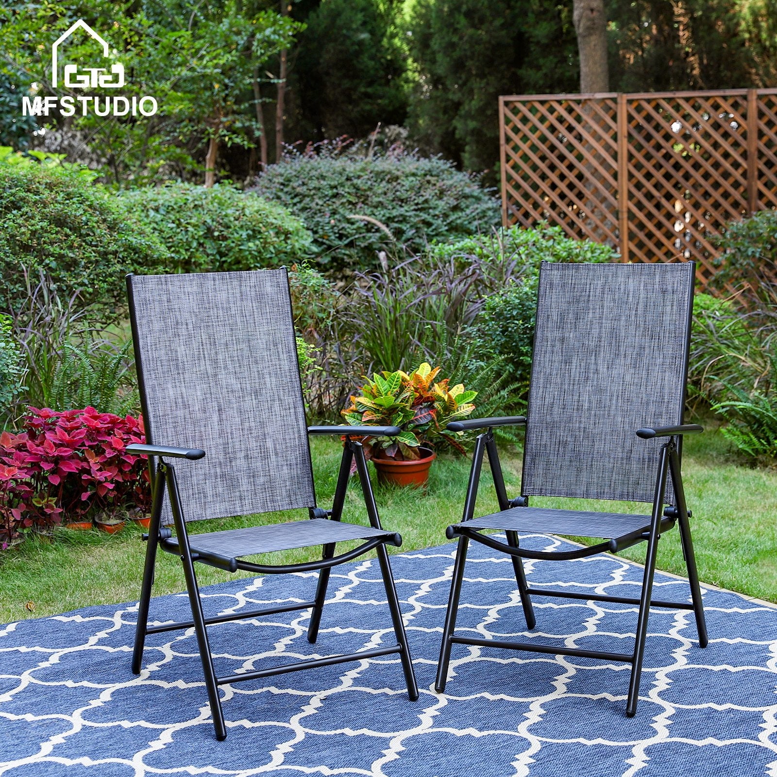 MF Studio Set of 2 Aluminum Outdoor Folding Sling Chairs with Textilene Seat, Black & Gray