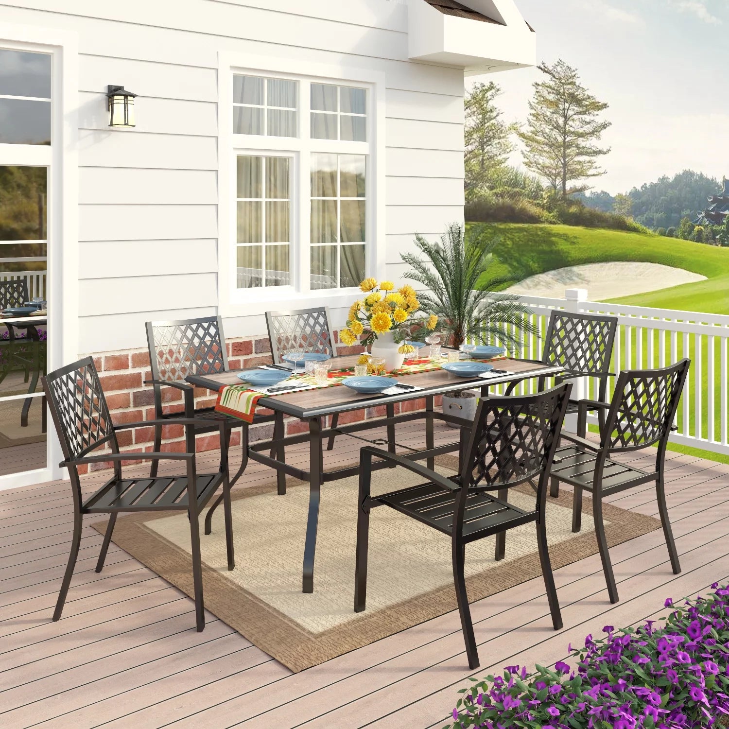 MF Studio 7-Piece Outdoor Patio Dining Set with 6 Pieces Armchairs and 1 Piece Rectangular Table, Black