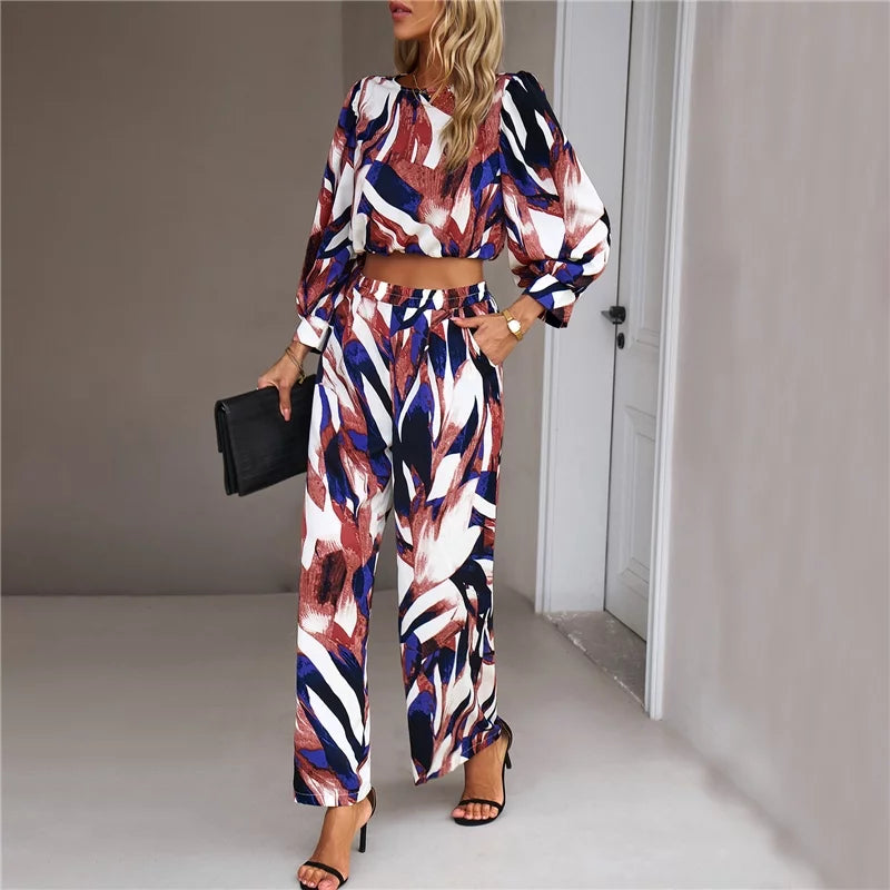 Casual Print Bubble Cropped Sleeve Set