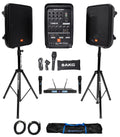 JBL EON208P 8 Bluetooth Speakes+Stands+Mixer+(2) Wireless UHF Microphones