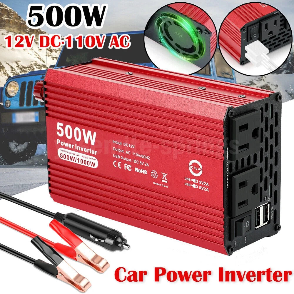 500W Car Power Inverter DC 12V to 110V AC Car Converter 5V 2A 2 USB Car Truck RV