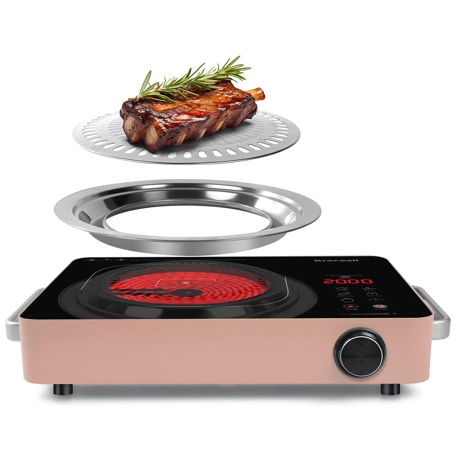 GRACEALL 2000W Single Burner Cooktop Portable Electric Stove, Infrared Hot Plate for Cooking, Countertop 110V Kitchen Cooker, Knob Control Glass Cook Top with BBQ Grill