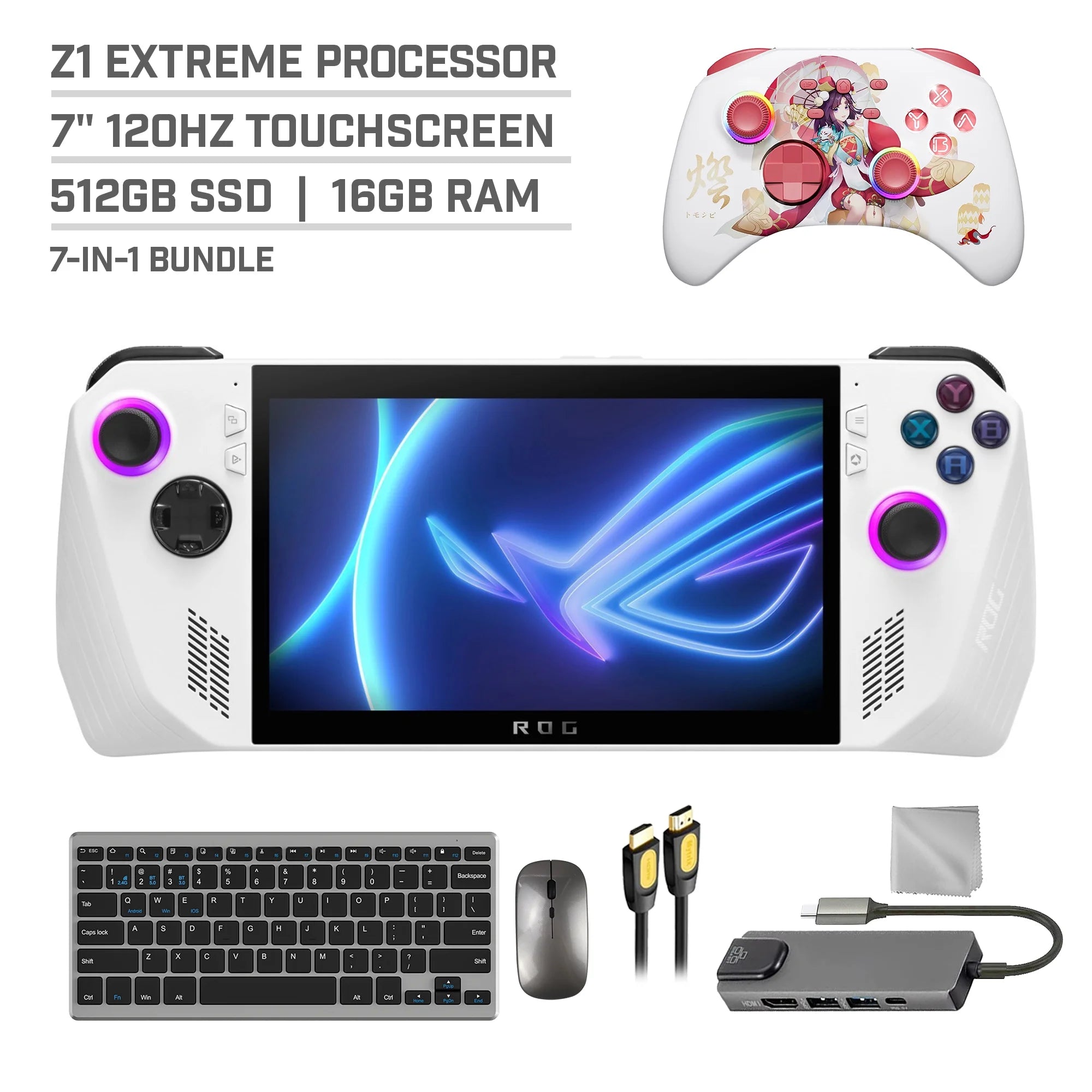 ASUS ROG Ally 512GB Gaming Handheld 7-inch Touchscreen 120Hz FHD 1080p AMD Ryzen Z1 Extreme Processor, Mytrix Touro Wireless Pro Controller, Hub, Keyboard & Mouse Combo, 7 in 1 Bundle