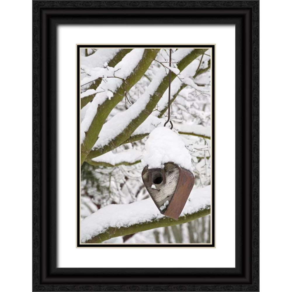 Paulson, Don 23x32 Black Ornate Wood Framed with Double Matting Museum Art Print Titled - WA, Seabeck Heart-shaped bird house in snow