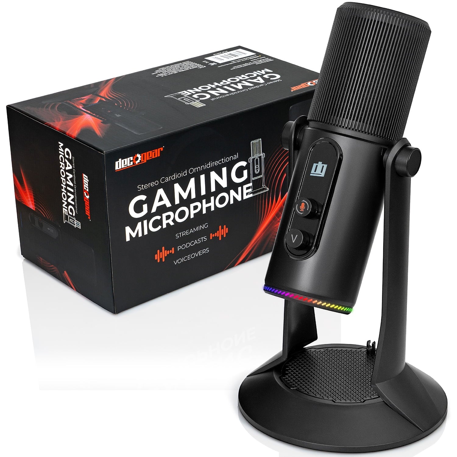 Deco Gear PC Microphone, RGB Lighting, Stereo, Cardioid, Omnidirectional, Bidirectional Recording, USB Plug and Play