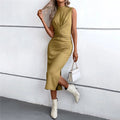 Solid Color Sleeveless Crewneck Tied Side Slit Bodycon Dress