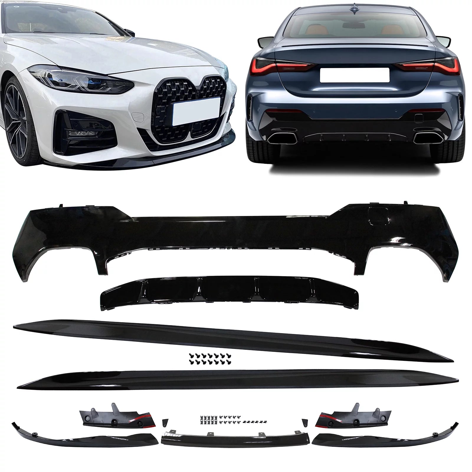 Ikon Motorsports Front & Rear Lip + Side Skirts Compatible With 2021-2023 BMW G22 G23 4-Series 430i M440i Gloss Black M-Performance Front Bumper Lip Splitter Side Skirts M440 Rear Bumper Diffuser Lip