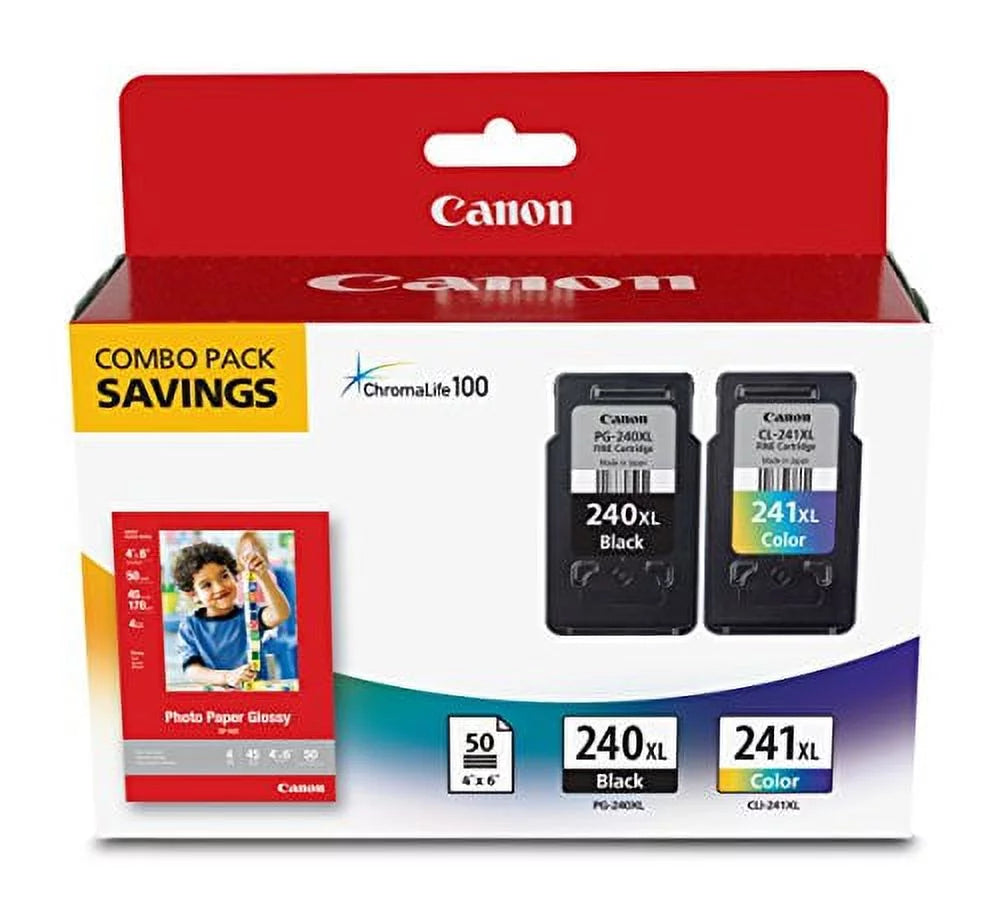 Canon Fine Cartridge, Model PG-240XL/CL-241XL with Photo Paper, Glossy, 50 Count per Pack, 4x6