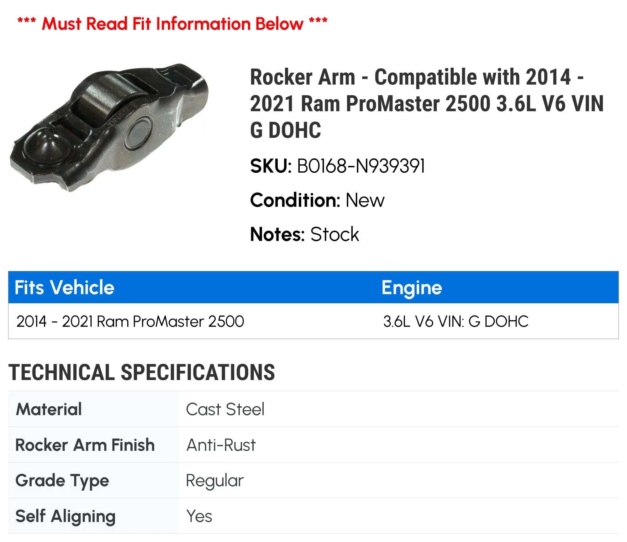 Rocker Arm - Compatible with 2014 - 2021 Ram ProMaster 2500 3.6L V6 VIN G DOHC 2015 2016 2017 2018 2019 2020
