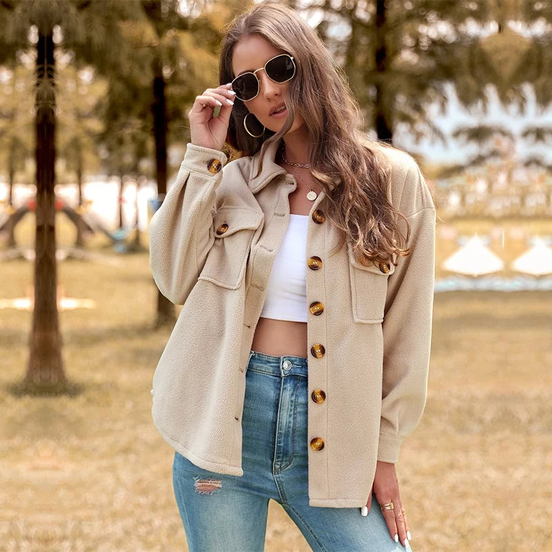 Solid Color Long Sleeved Fleece Lapel Outerwear