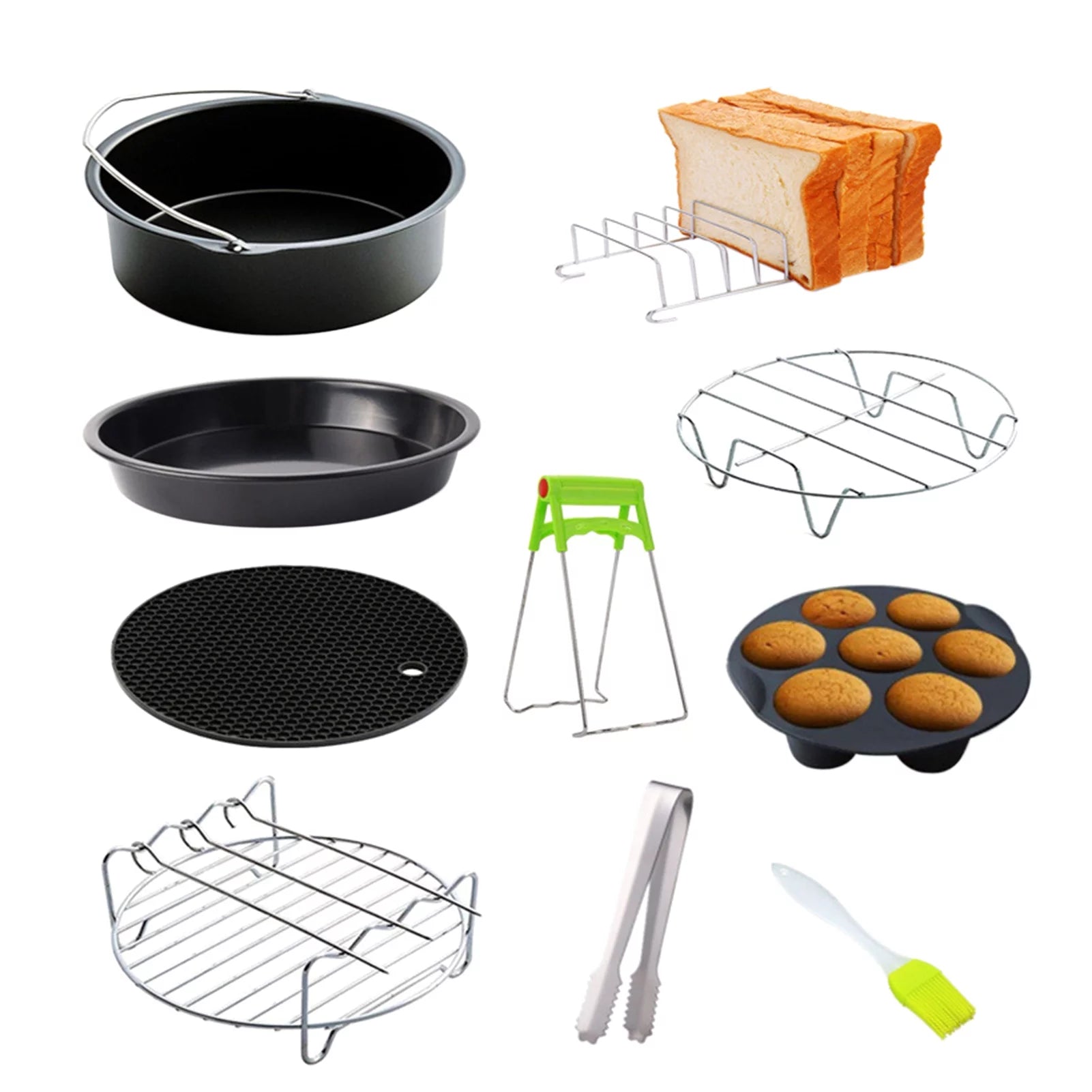 10Pcs Air Fryer Accessory Kit Frying Baking Pan Rack Pizza Tray Pot Metal Holder Bread Bracket Cupcake Mould Set For 3.2Qt-5.8Qt Air Fryer