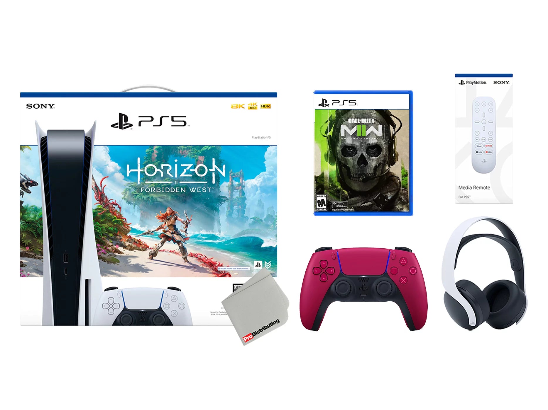 Sony Playstation 5 Disc Horizon Forbidden West Bundle with Extra Cosmic Red Controller, White PULSE 3D Headset, Call of Duty Modern Warfare II and Remote