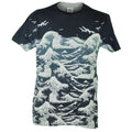 Beach Scene Waves Birds Graphic Navy Blue Grey Men Adult Tshirt Shirt Tee Small