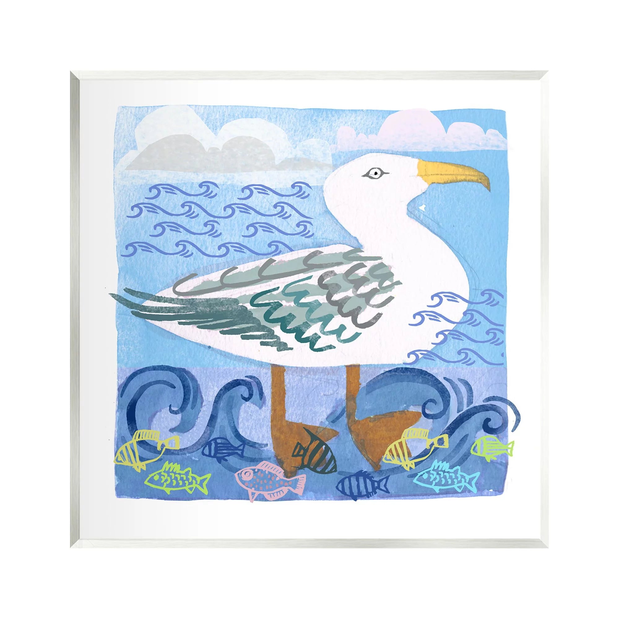 Stupell Industries Whimsical Seagull Bird Layered Ocean Waves Painting Graphic Art Unframed Art Print Wall Art, Design by unknown