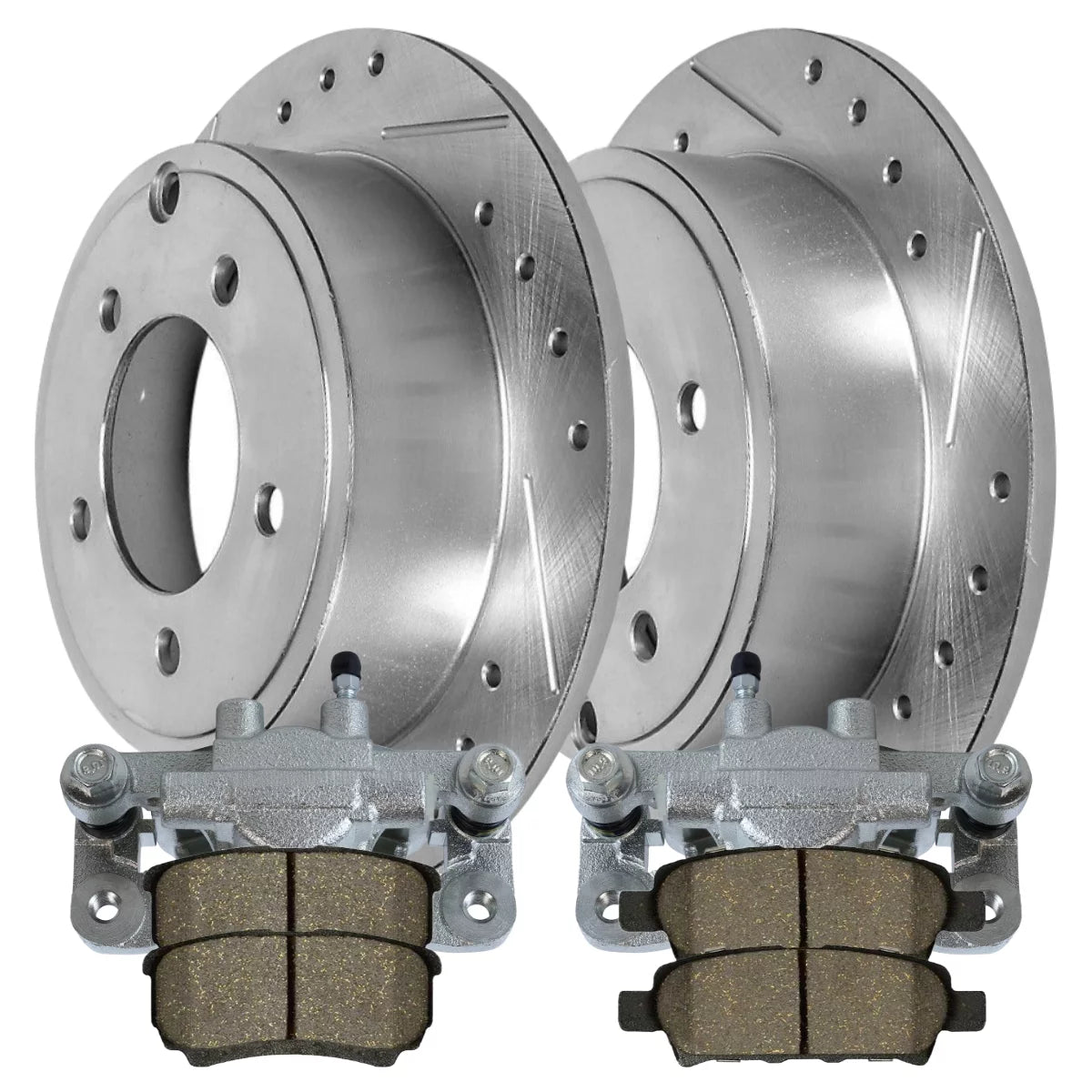 AutoShack Rear Brake Calipers Performance Ceramic Pads Drilled Slotted Rotors Silver Kit Driver and Passenger Side Replacement for Jeep Patriot Compass Dodge Avenger Caliber Chrysler 200 Sebring FWD