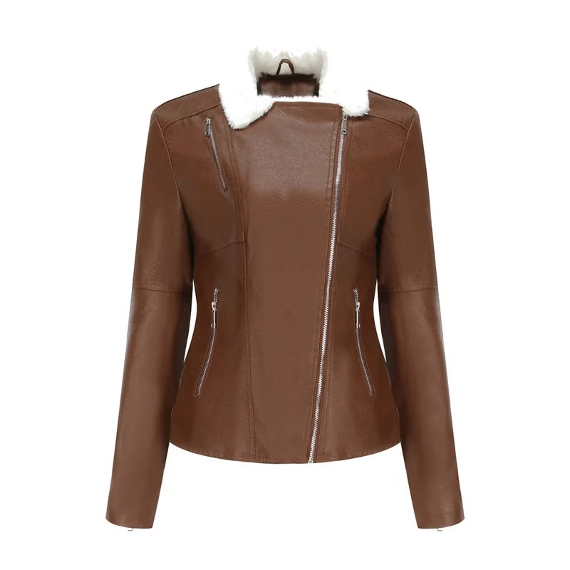 Long Sleeves Lapel Fleece Lining Thick Warm Short PU Leather Outerwear