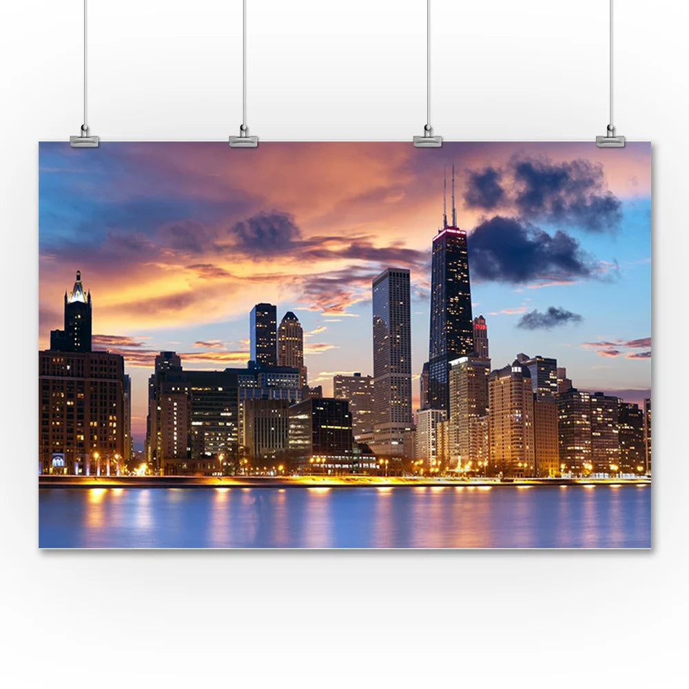 Chicago Skyline at Dusk Photography A-90303 (36x54 Giclee Gallery Print, Wall Decor Travel Poster)