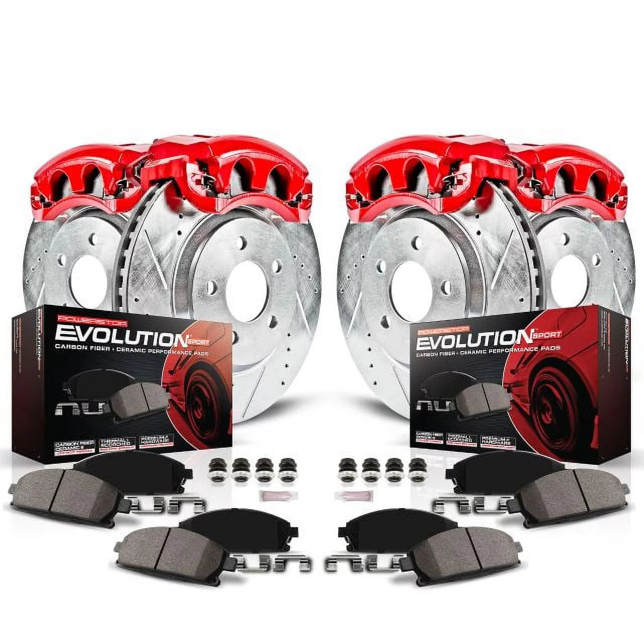 Power Stop Front and Rear Z23 Evolution Brake Pad and Rotor Kit with Red Powder Coated Calipers KC8071