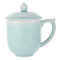 Celadon Teacup, Green Valley Luxury Ancient Chinese Generals Celadon Cup with Lid, 15oz, Light Greenish Blue