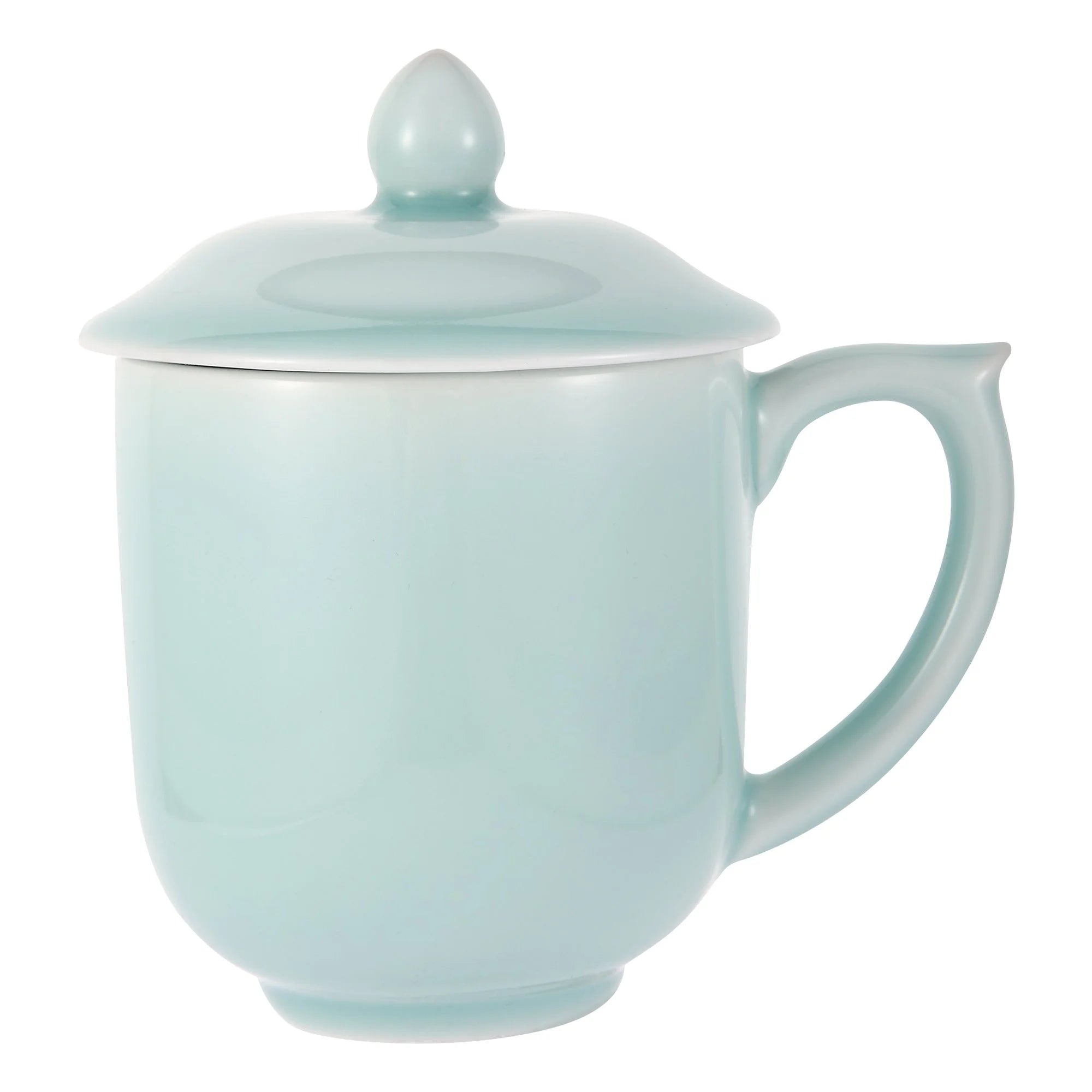 Celadon Teacup, Green Valley Luxury Ancient Chinese Generals Celadon Cup with Lid, 15oz, Light Greenish Blue