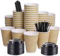 SPRINGPACK 12oz 100 Packs Insulated Kraft Ripple Wall Disposable To Go Paper Coffee Cups for Office Parties Home Travel Corrugated Sleeve Hot Drink Cups with Lids & Straws,100 Count 12 oz