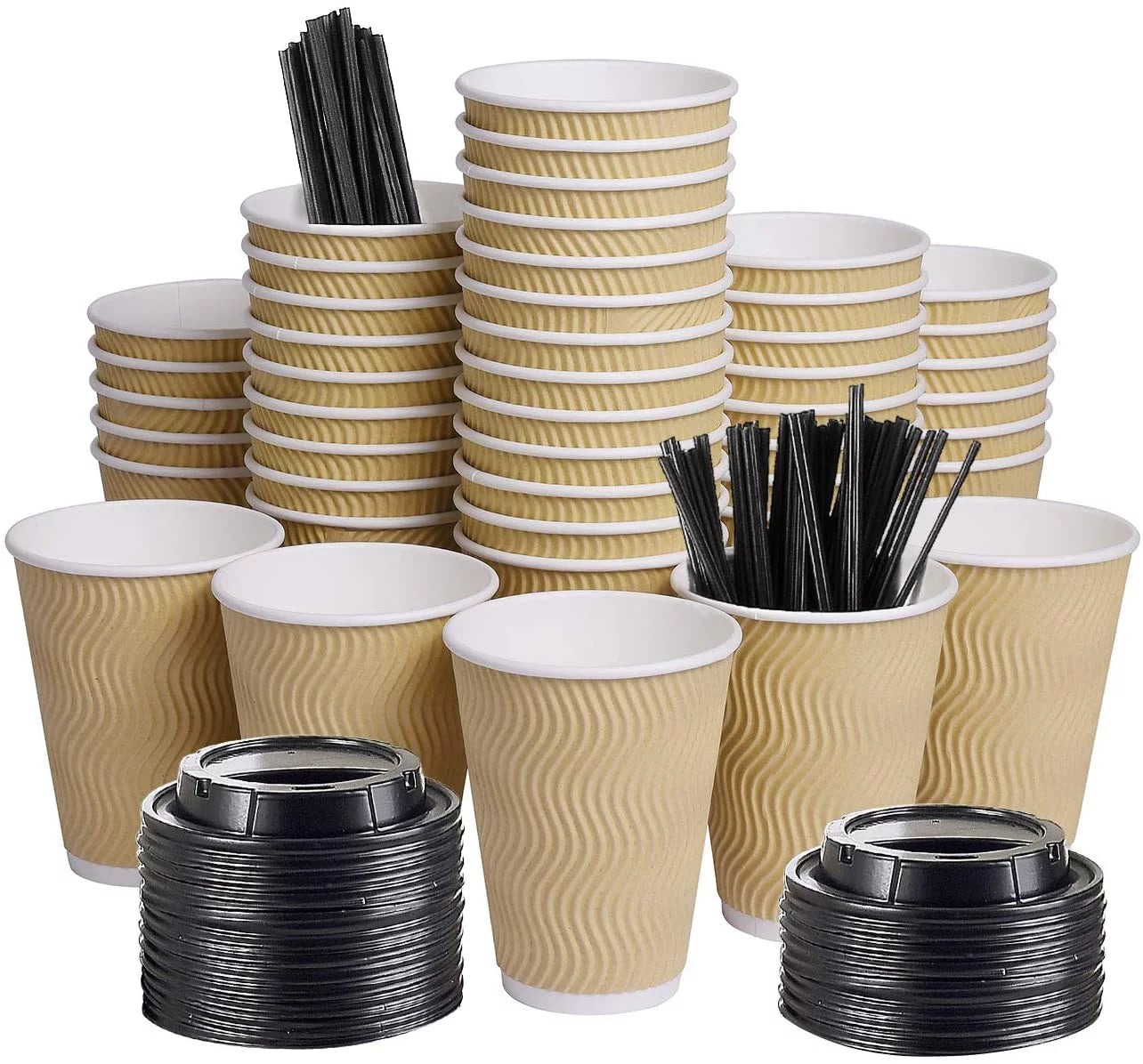 SPRINGPACK 12oz 100 Packs Insulated Kraft Ripple Wall Disposable To Go Paper Coffee Cups for Office Parties Home Travel Corrugated Sleeve Hot Drink Cups with Lids & Straws,100 Count 12 oz