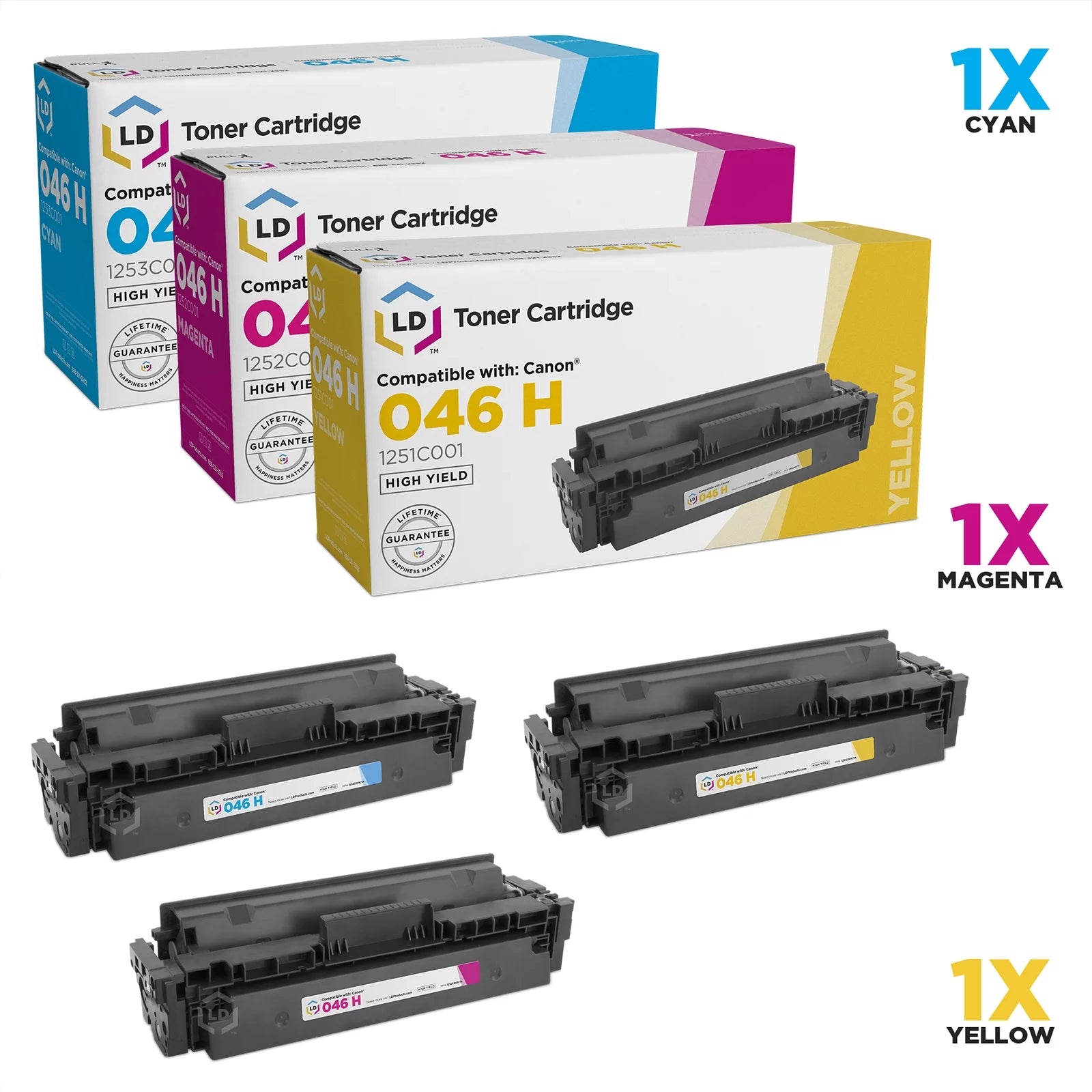 LD Compatible Canon 046H Set of 3 High Yield Color Toner Cartridges: 1253C001 Cyan, 1252C001 Magenta & 1251C001 Yellow for use in ImageCLASS MF735Cdw, LBP654Cfw, MF733Cdw, LBP654Cdw & MF731Cdw