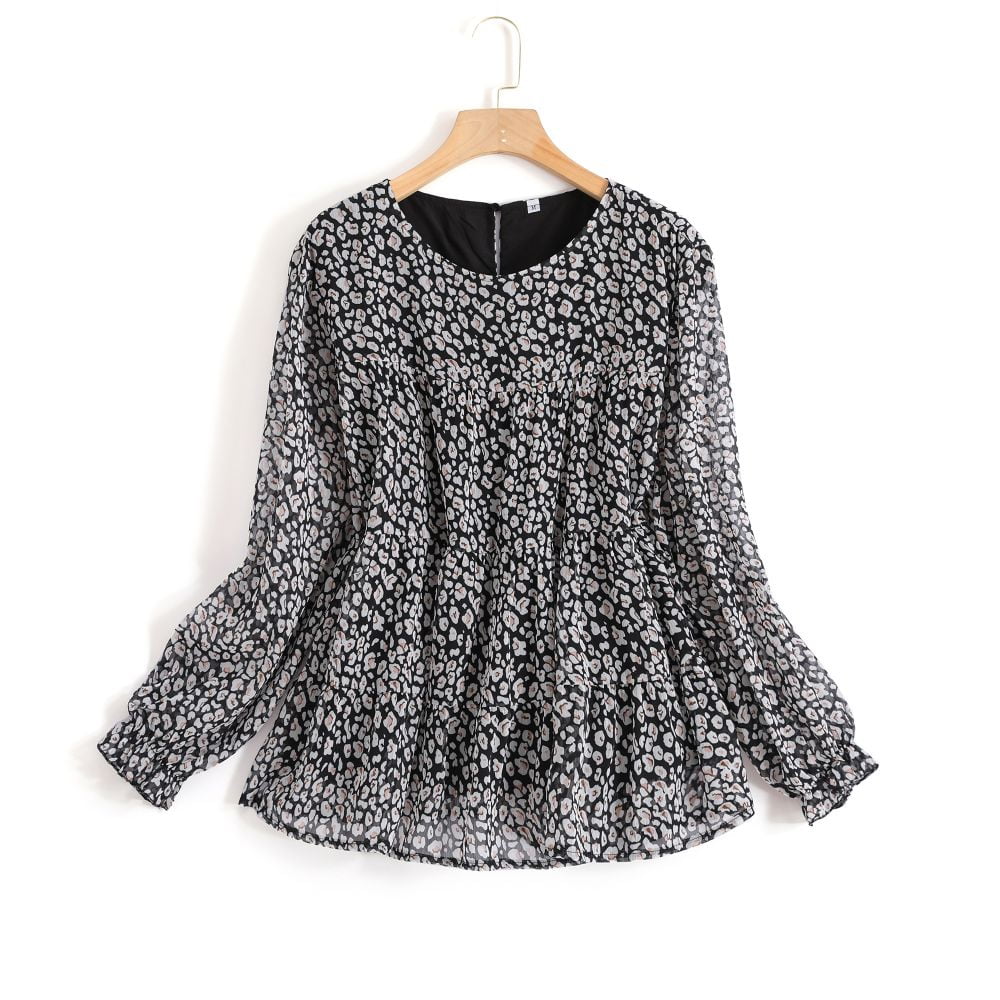Simple Floral Print Ruffle Loose Long Sleeve Shirt