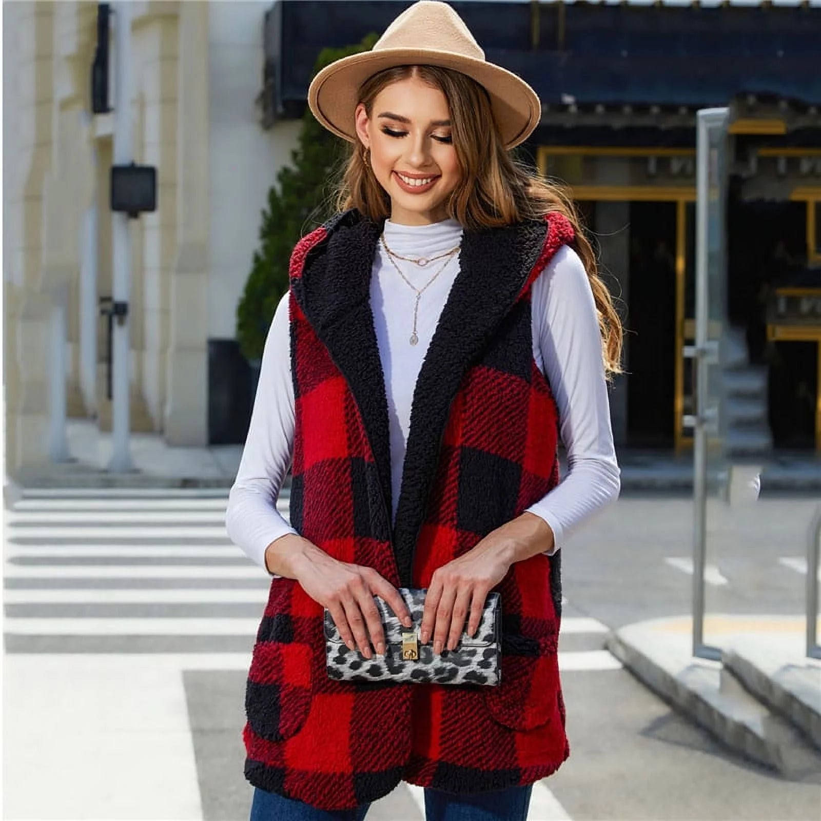 Hooded Buttonless Cardigan Plaid Plush Vest